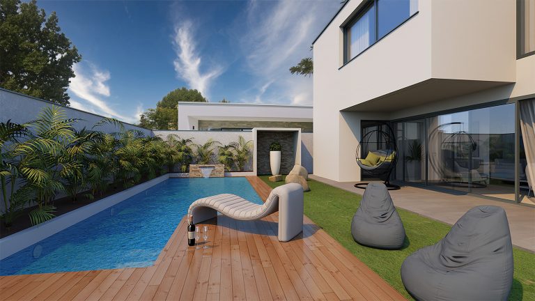 Corso rendering esterno con ARCHLine.XP villetta con piscina vista diurna