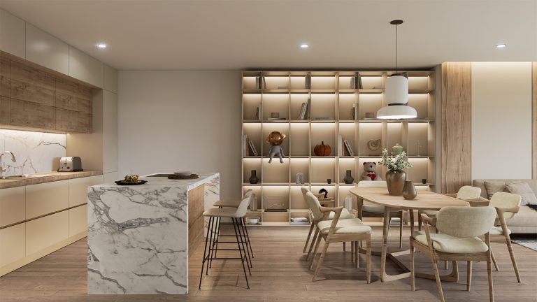 Open Space in stile minimal con il colore beige e legno