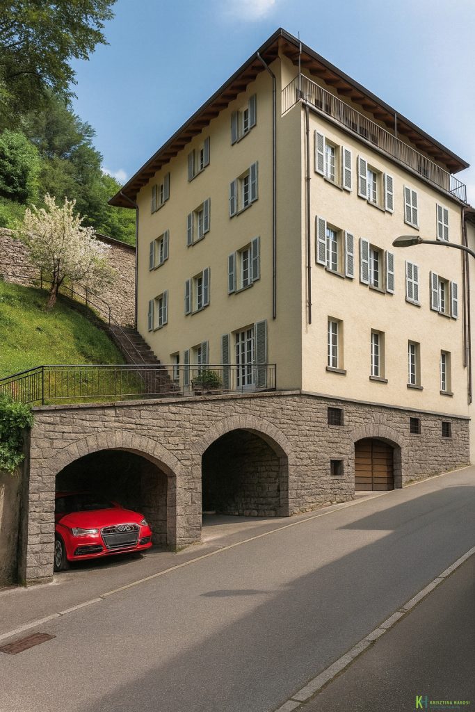 Palazzo in stile classico vista lontana. Strada ripida . Palazzo giallo con le persiane