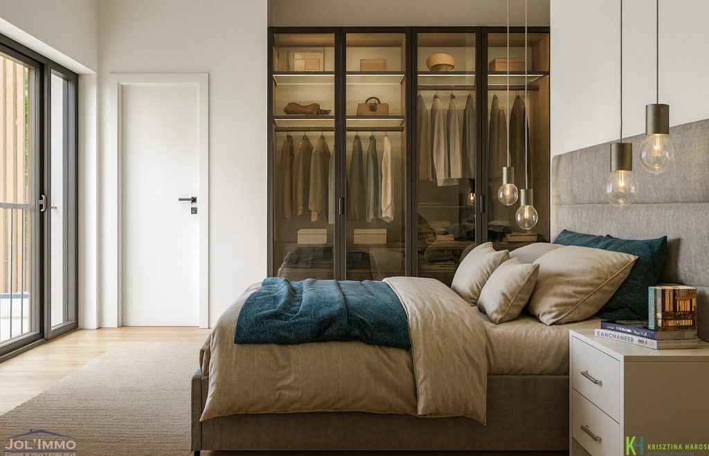 Camera da letto con armadio con le ante di vetro