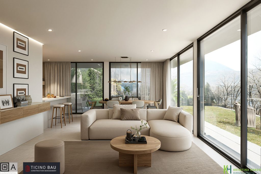 Open Space in colore beige con vista sul lago di Lugano
