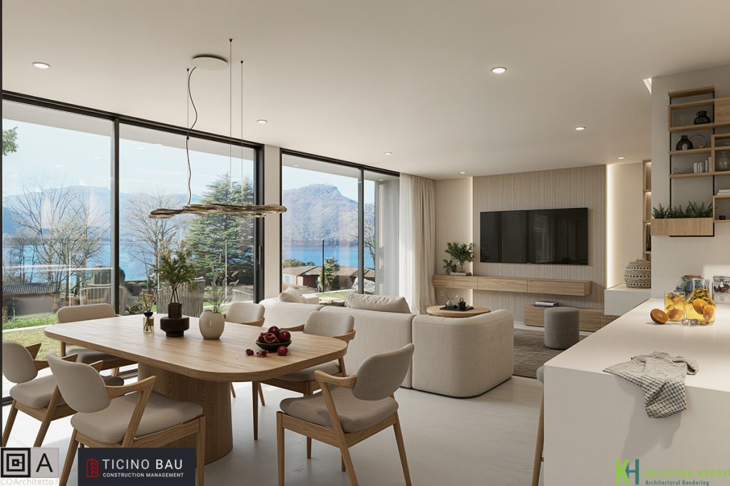 Open Space in colore beige con vista sul lago di Lugano
