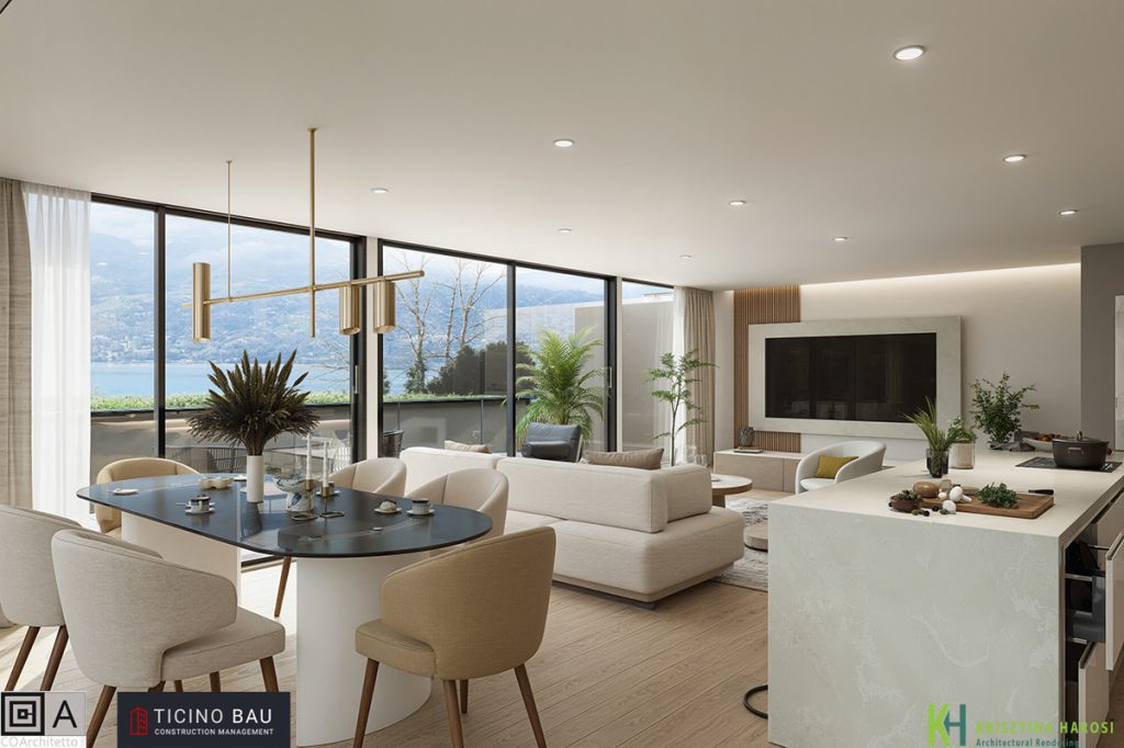 Open Space in colore beige con vista sul lago di Lugano