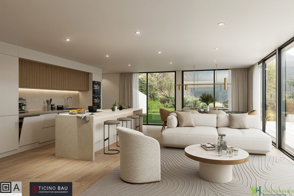 Open Space in colore beige con vista sul lago di Lugano